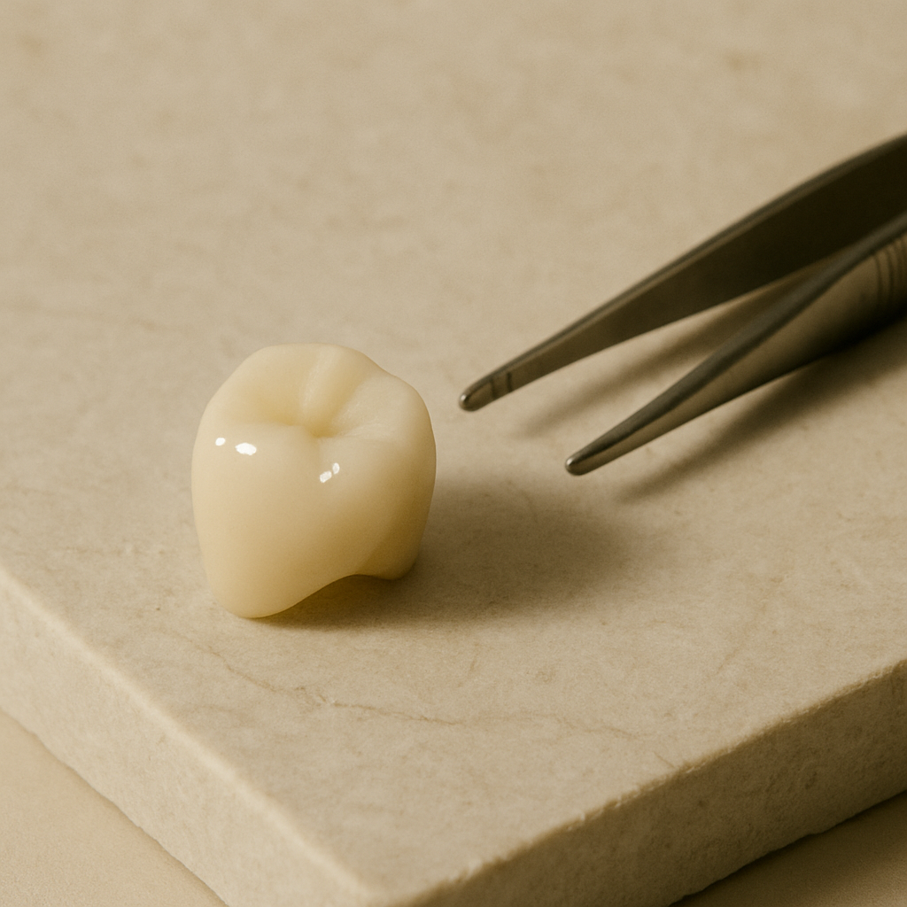 Corona dental de zirconio monolítico apoyada sobre una losa de piedra caliza