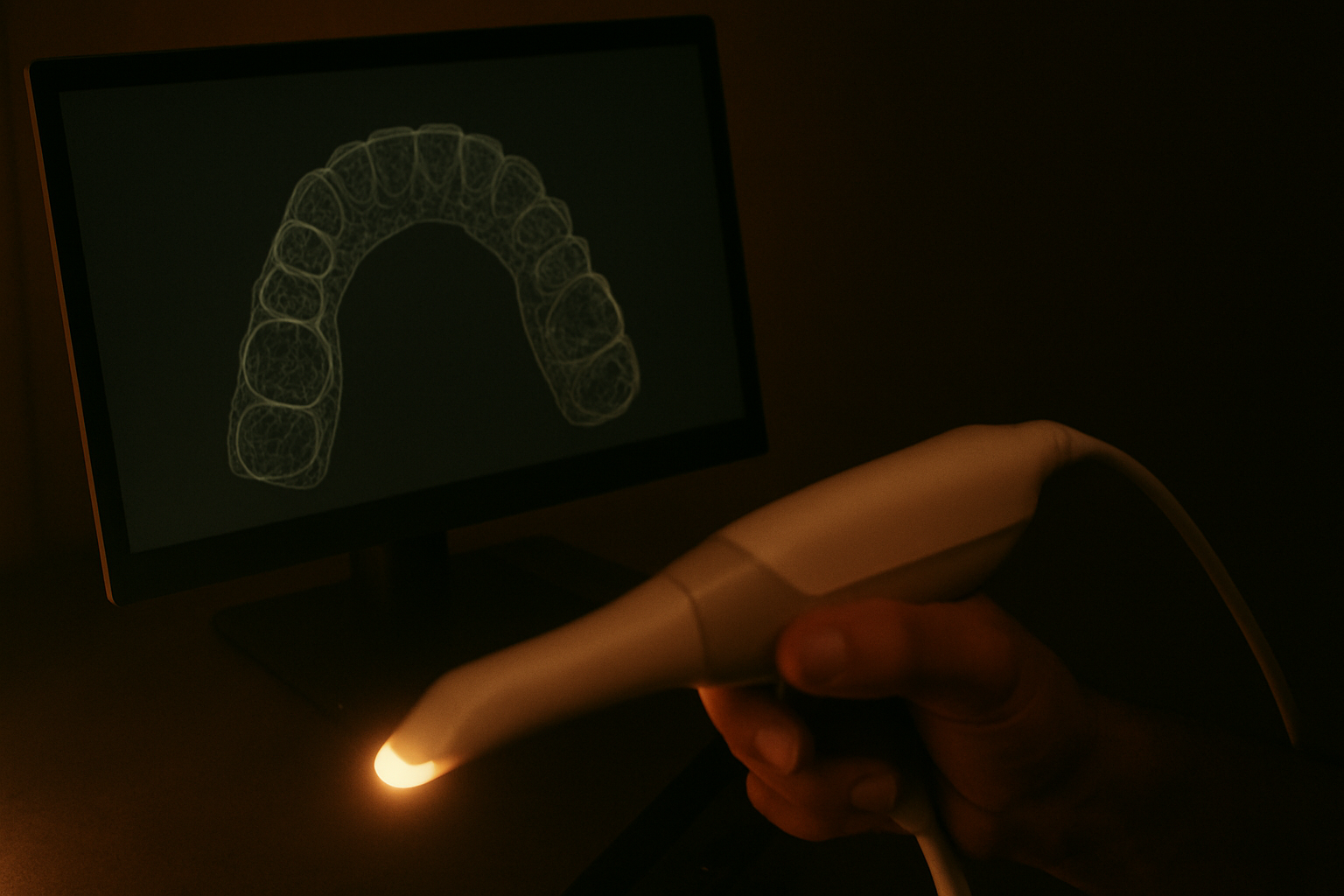 Escáner intraoral en la mano frente a una pantalla con la malla tridimensional de una arcada