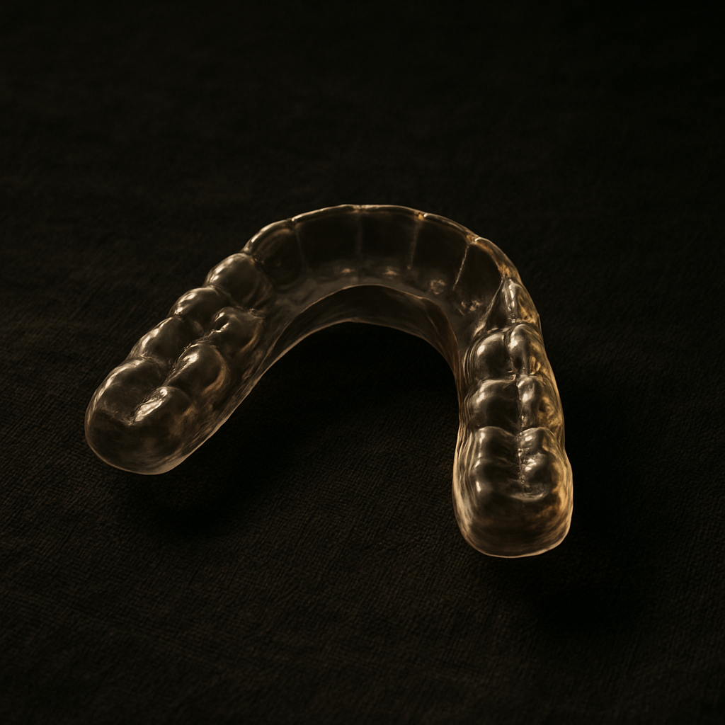 Férula de descarga transparente sobre un paño oscuro con luz lateral