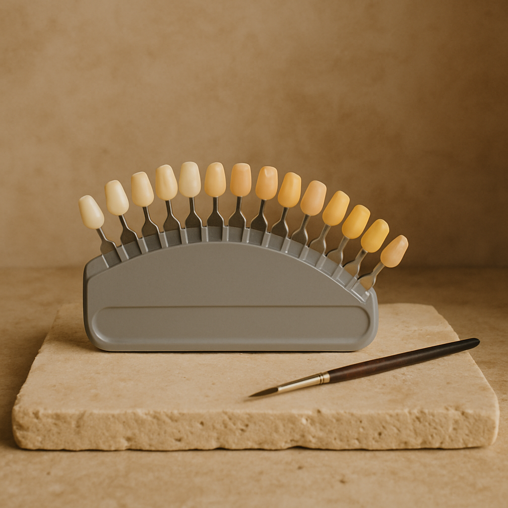 Guía de colores de porcelana dental desplegada en abanico sobre una superficie de piedra