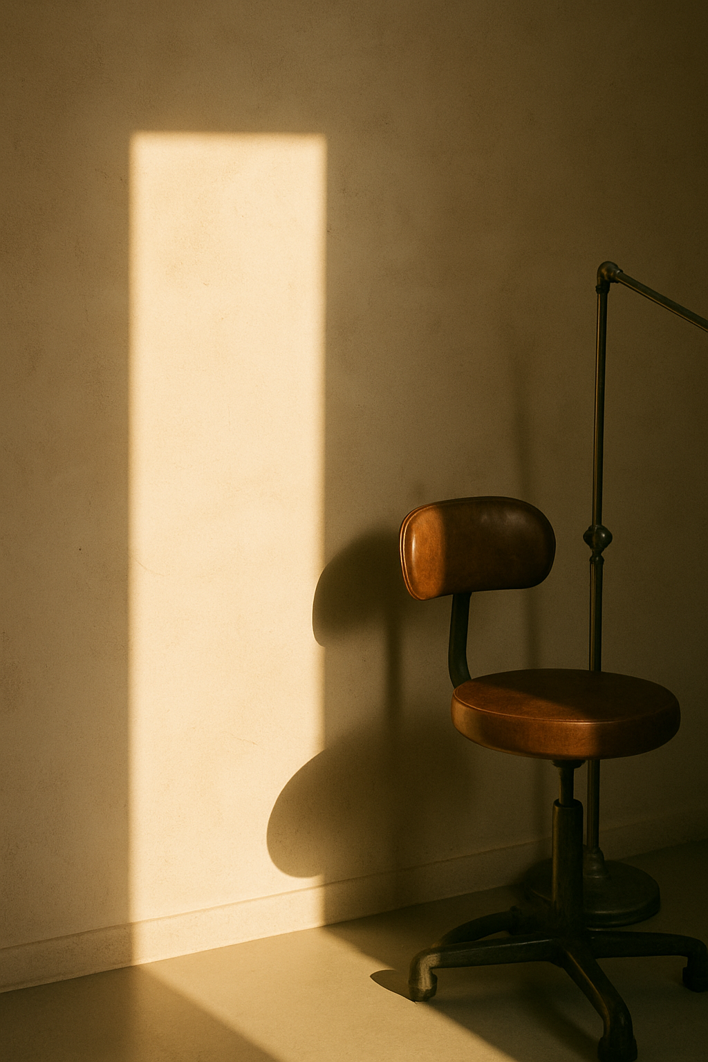 Luz de tarde entrando por una ventana sobre una pared clara y una silla de trabajo