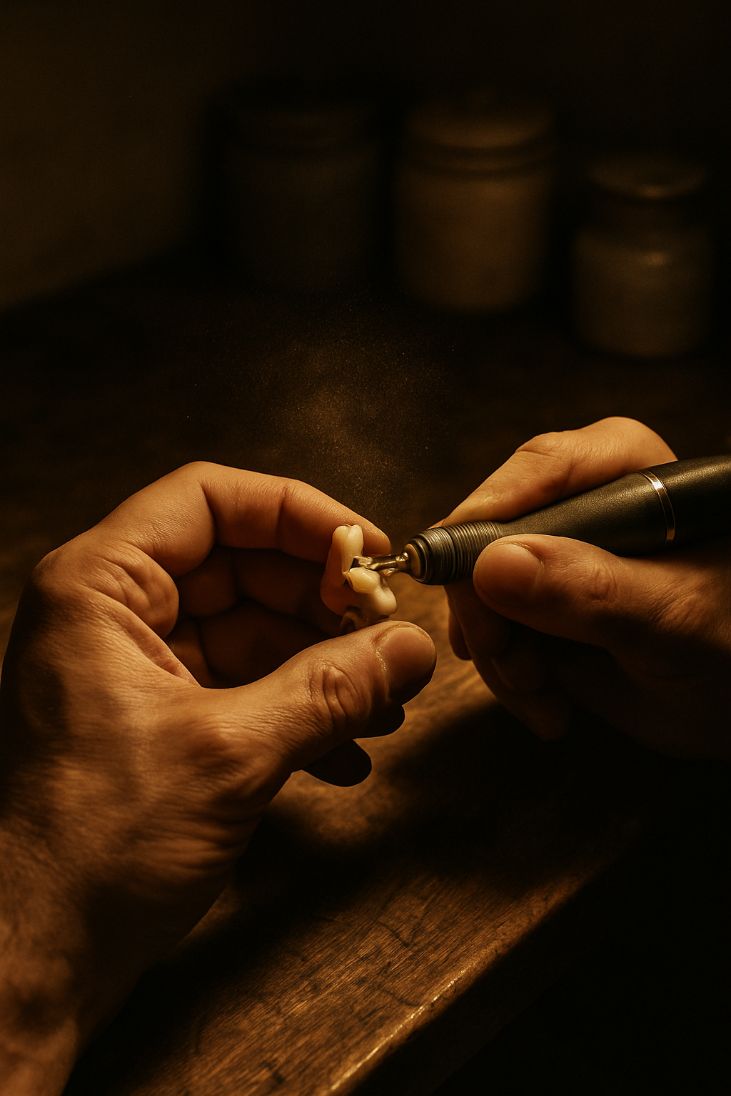 Manos puliendo una pieza dental con un micromotor en la mesa de laboratorio