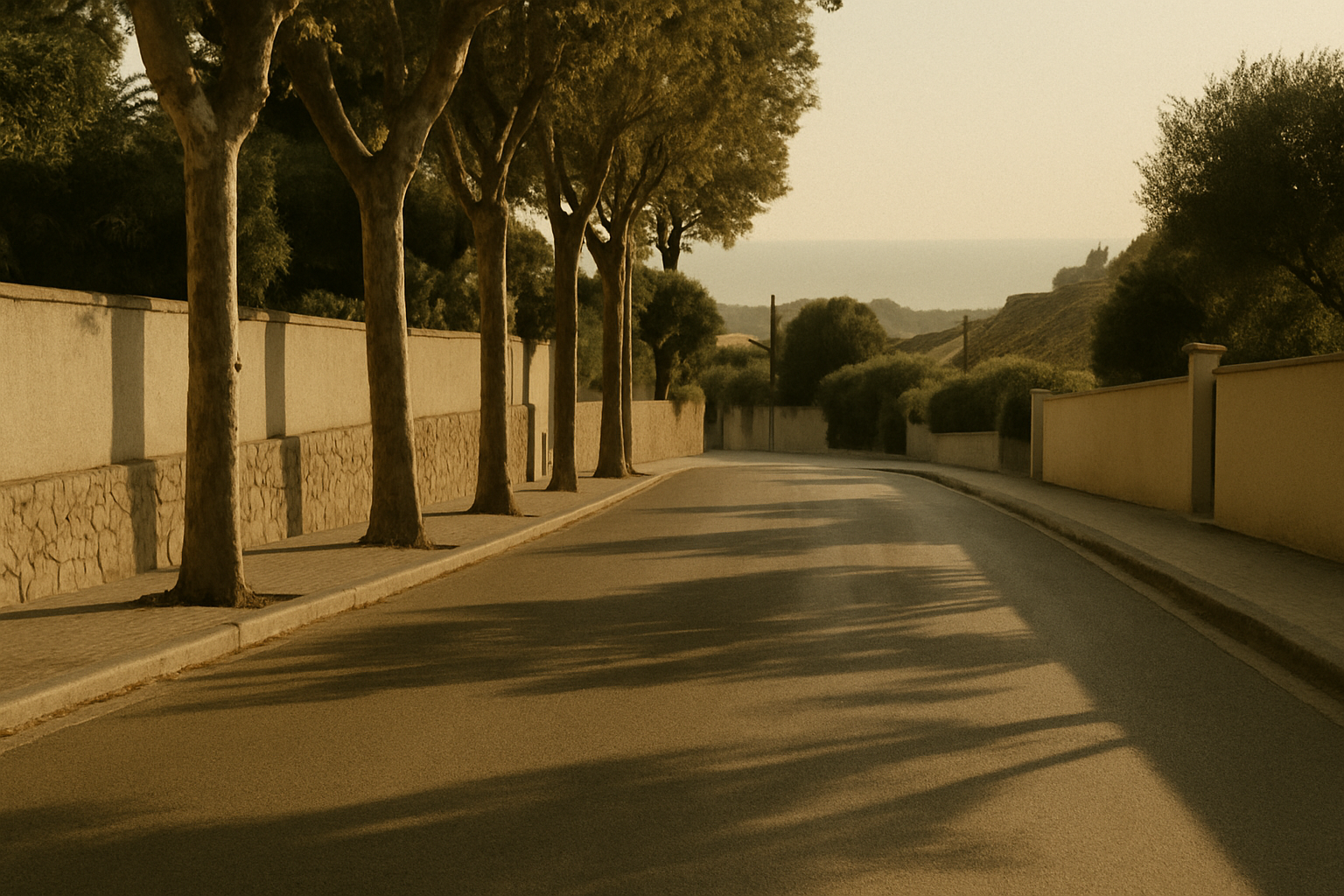 Calle tranquila del Maresme con muros de piedra y luz de media tarde