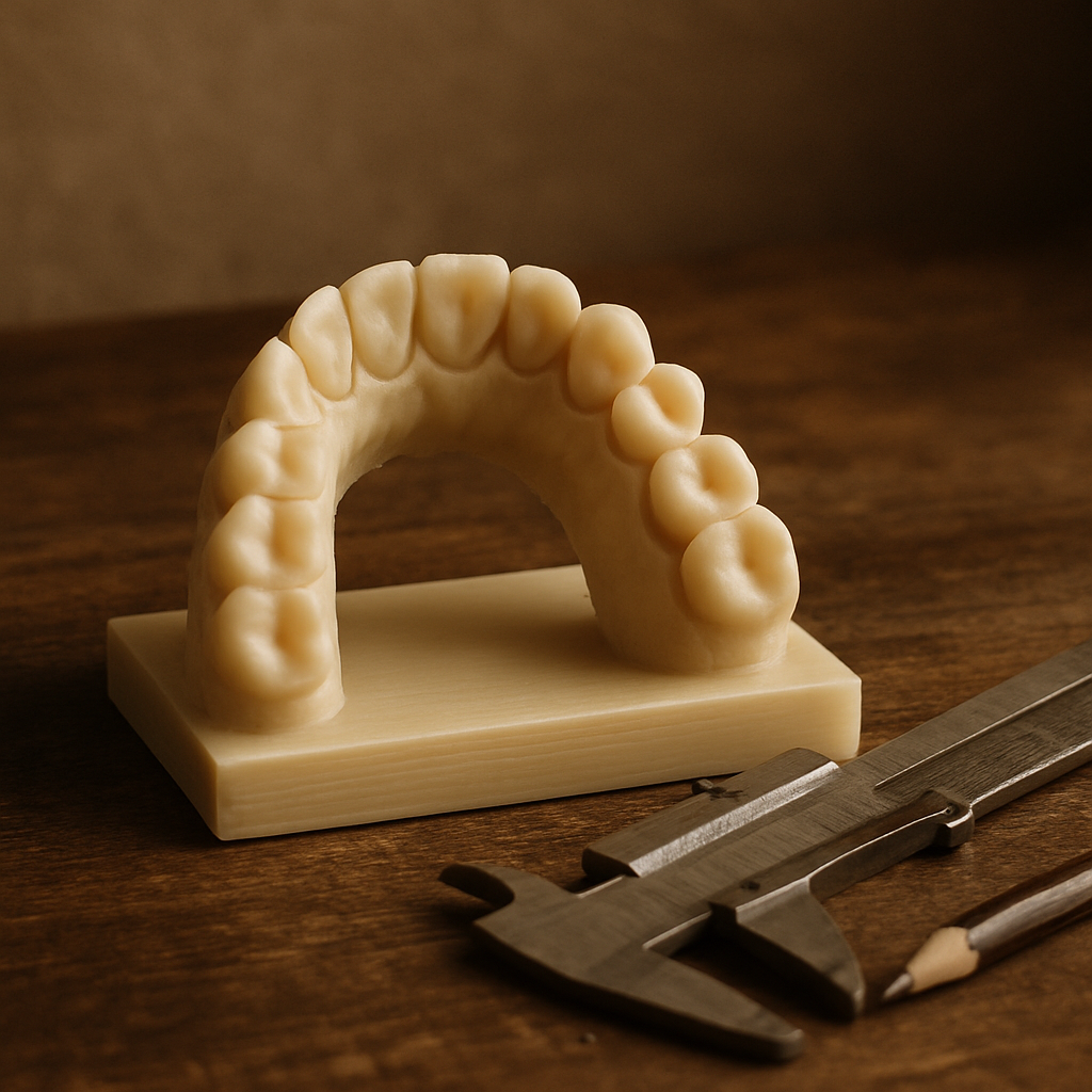 Modelo dental impreso en resina sobre la mesa de trabajo